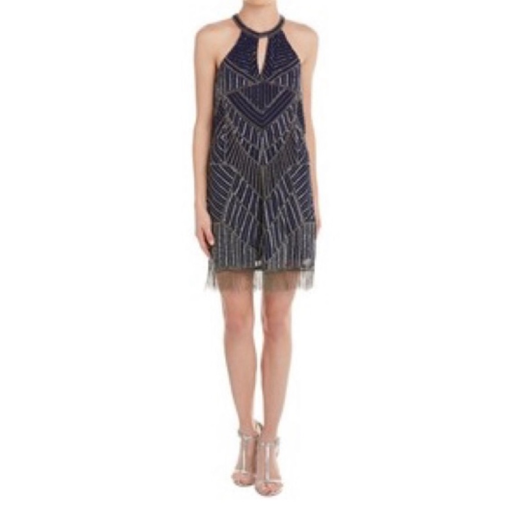 NWT Gorgeous Parker Sansa navy beaded dress size L. Sold out on Revolve.